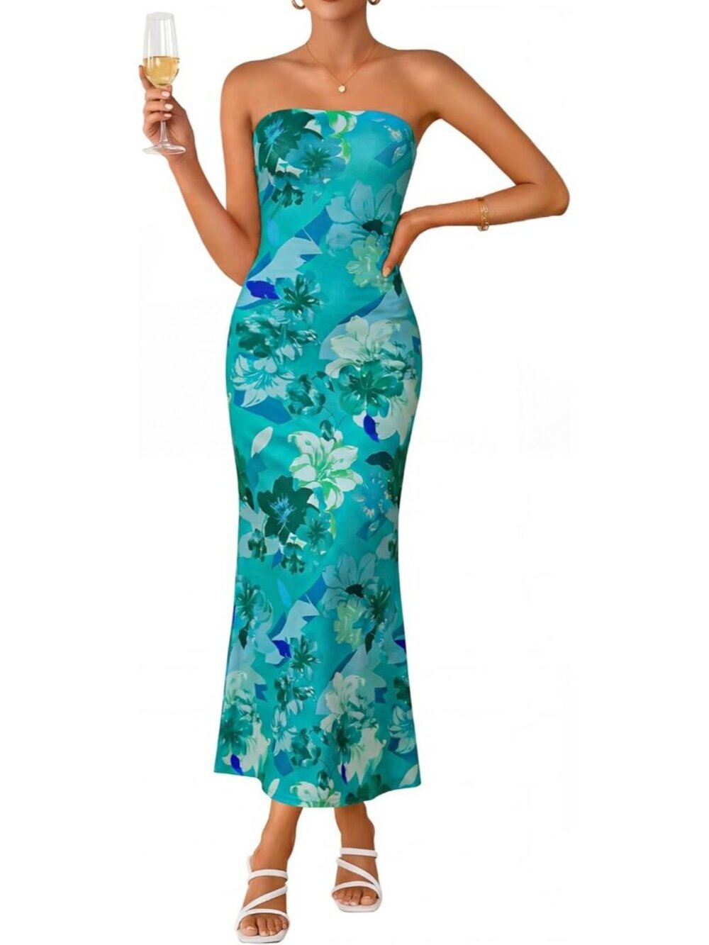 Women's Green Summer Formal Off Shoulder Strapless Floral Bodycon Maxi Dress